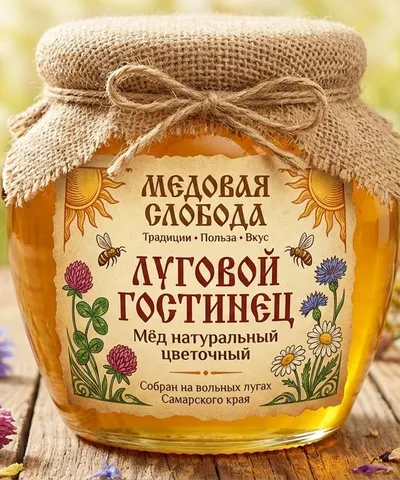 Банка мёда «Луговой Гостинец» — мёд натуральный цветочный
